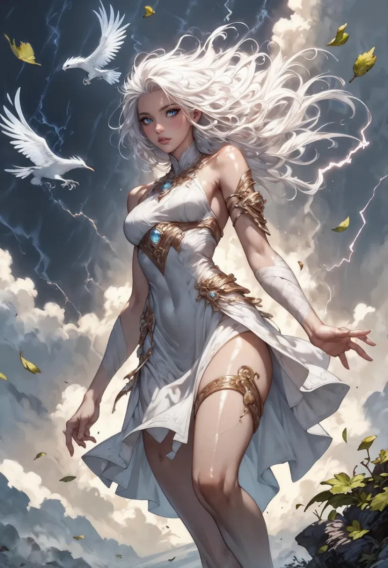AI generated image of a fantasy warrior woman with flowing white hair, adorned in elaborate golden armor, standing amidst a backdrop of stormy clouds and lightning with white doves in the sky.