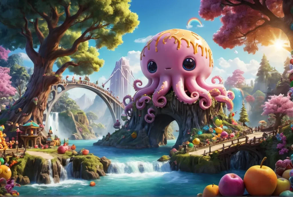 A fantasy landscape featuring a giant whimsical octopus perched on a rock near a river with a waterfall. This is an ai generated image using stable diffusion.