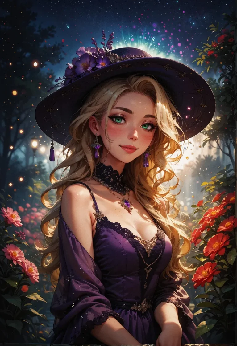 Beautiful AI generated image of a blonde witch with glowing green eyes, adorned in a purple dress and hat, standing amidst a magical garden created with stable diffusion.