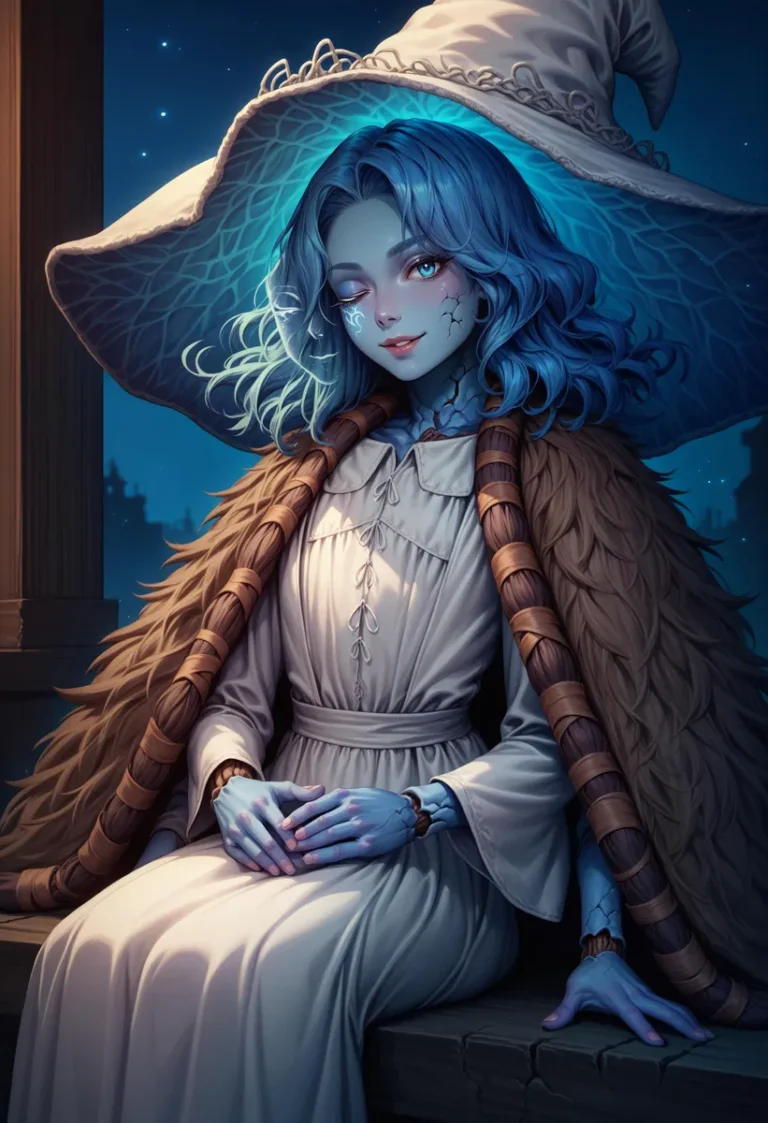 AI generated fantasy image of a blue-skinned witch with blue hair, dressed in a graceful gown with a hooded cloak and large hat, created using Stable Diffusion.