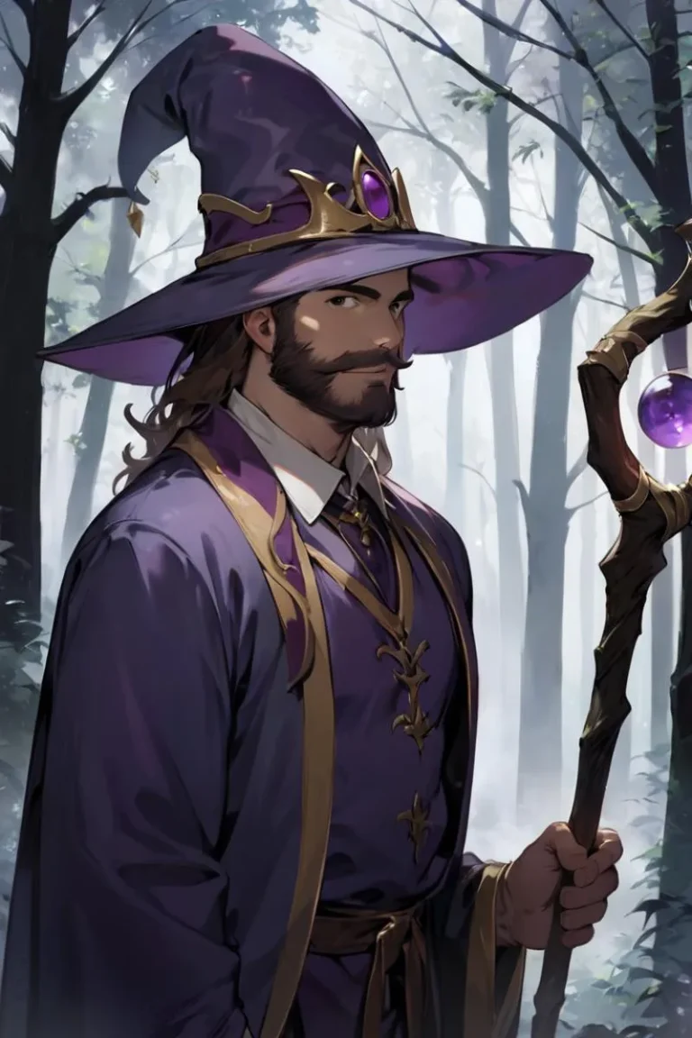 A fantasy wizard dressed in a purple robe and hat, holding a staff with a glowing orb, standing in a misty forest. AI generated image using stable diffusion.