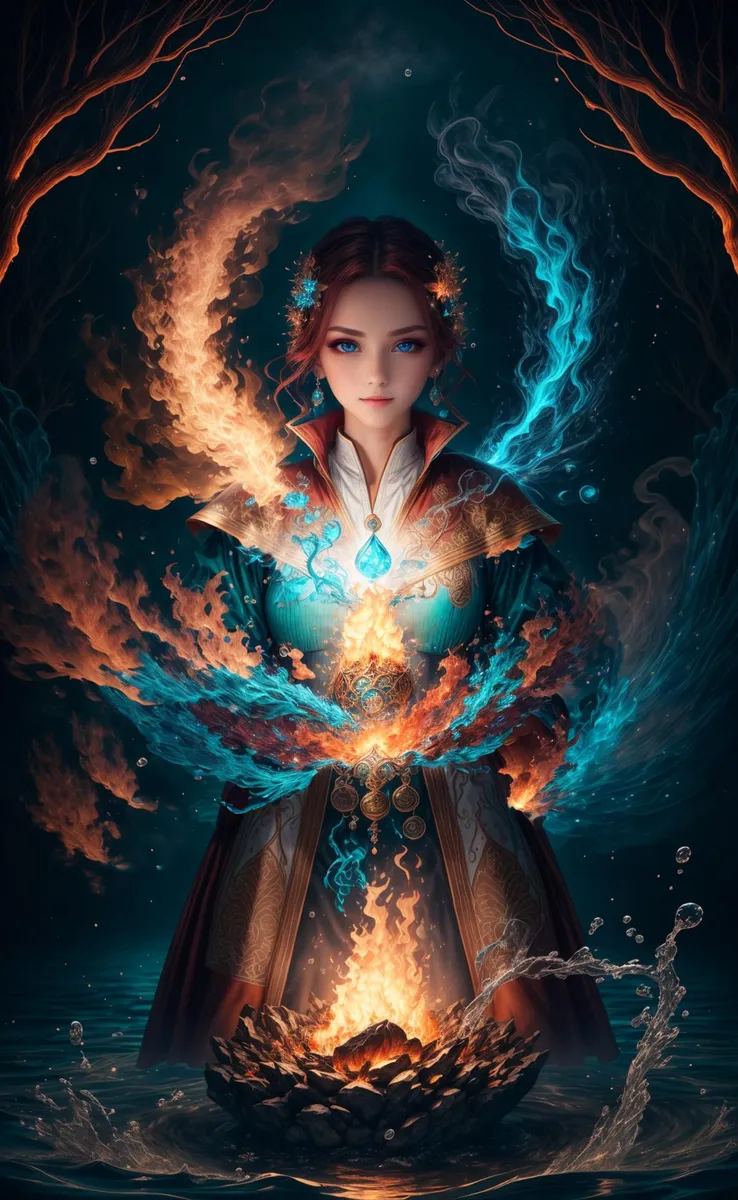 A fantasy woman wielding elemental magic - fire and water, in a mystical forest, AI generated image using Stable Diffusion.