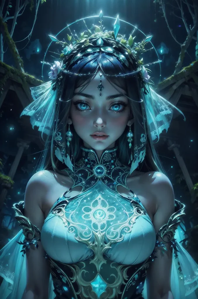 AI generated image using Stable Diffusion of a fantasy woman with glowing blue eyes, adorned in intricate ethereal attire and headpiece, set in a mystical forest.