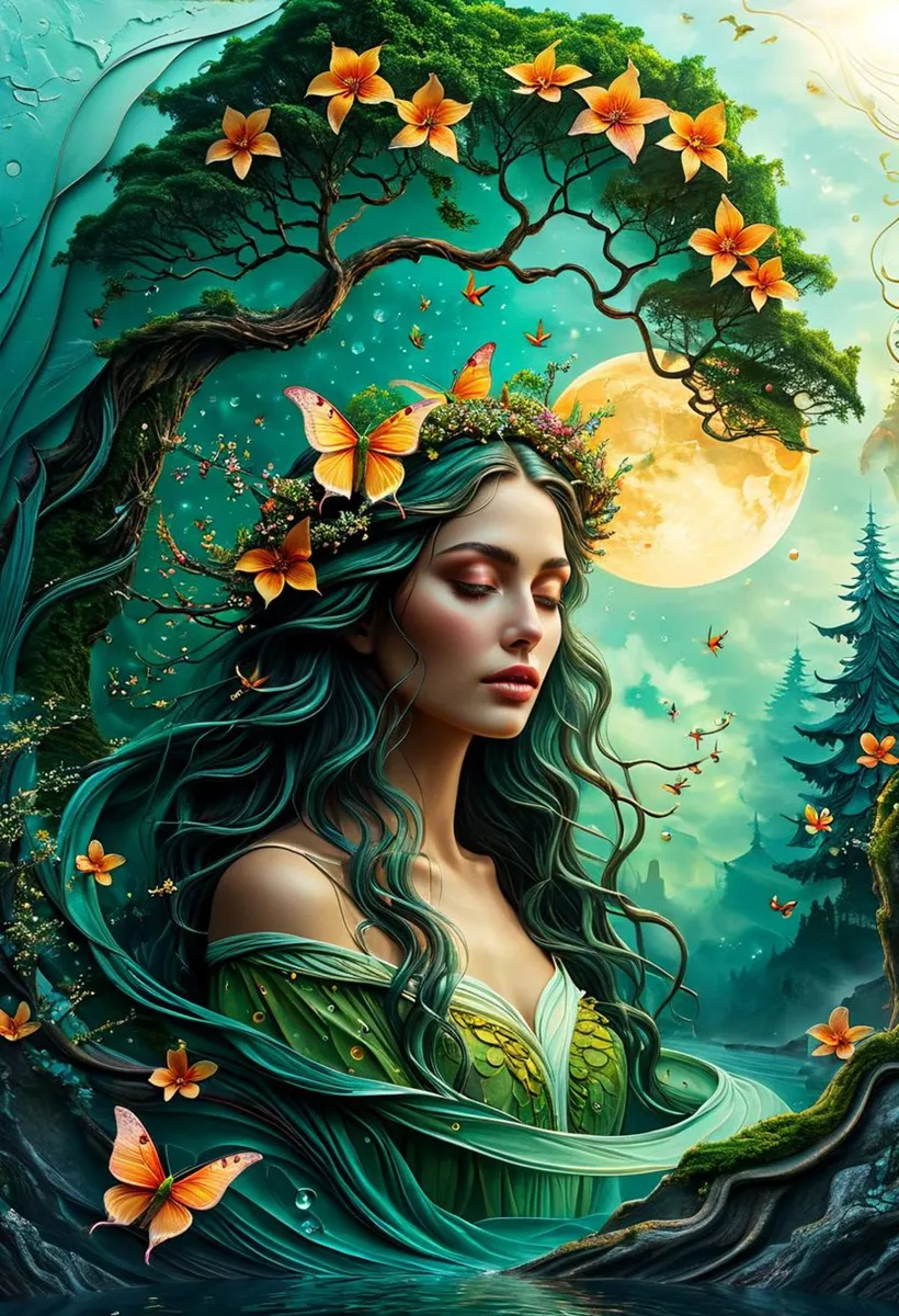 AI generated image of a fantasy woman with green hair adorned with orange butterflies, standing in an enchanted forest under a full moon using Stable Diffusion.