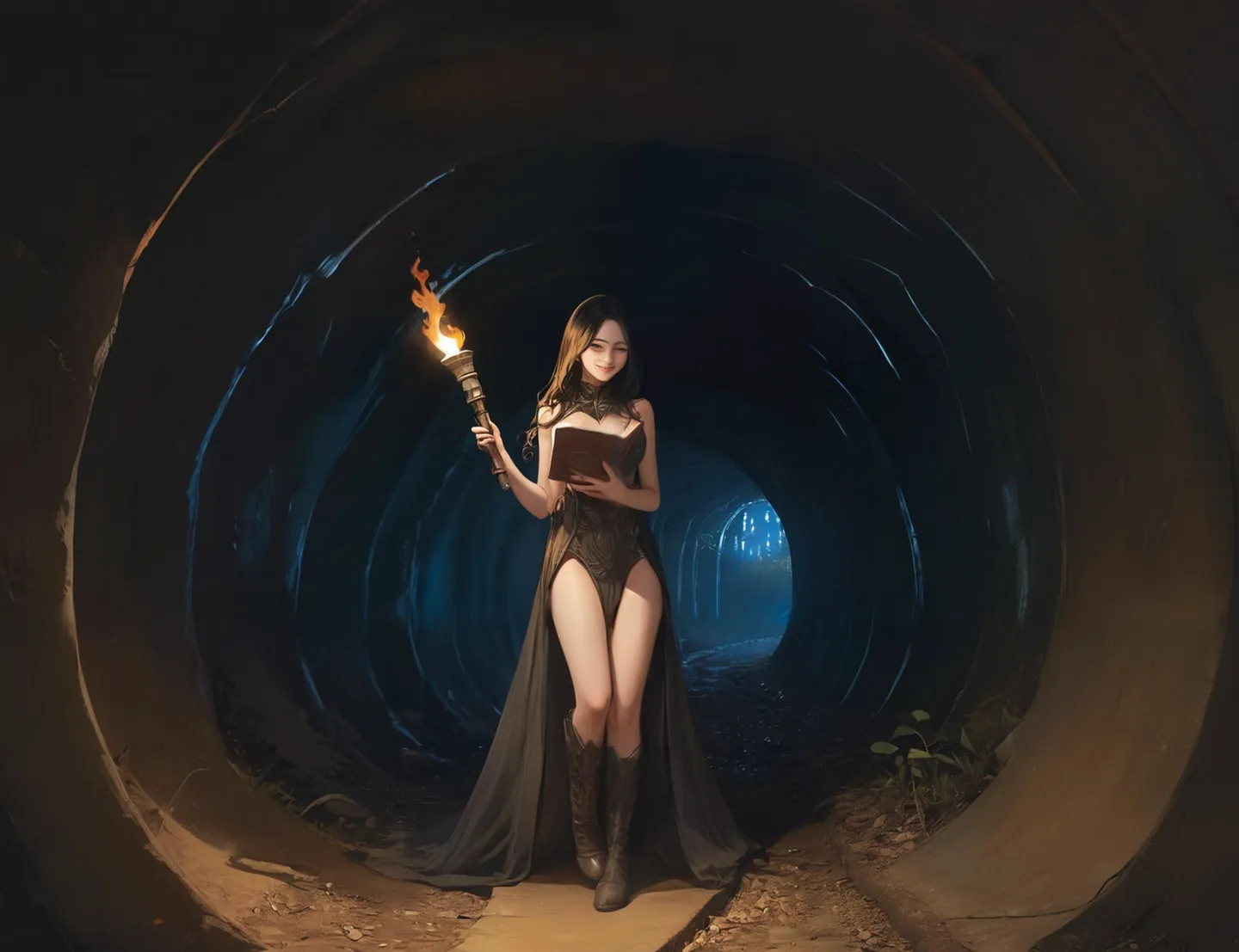 A fantasy woman dressed in a black outfit holding a torch and a book, standing inside a dark tunnel. This AI generated image uses Stable Diffusion.