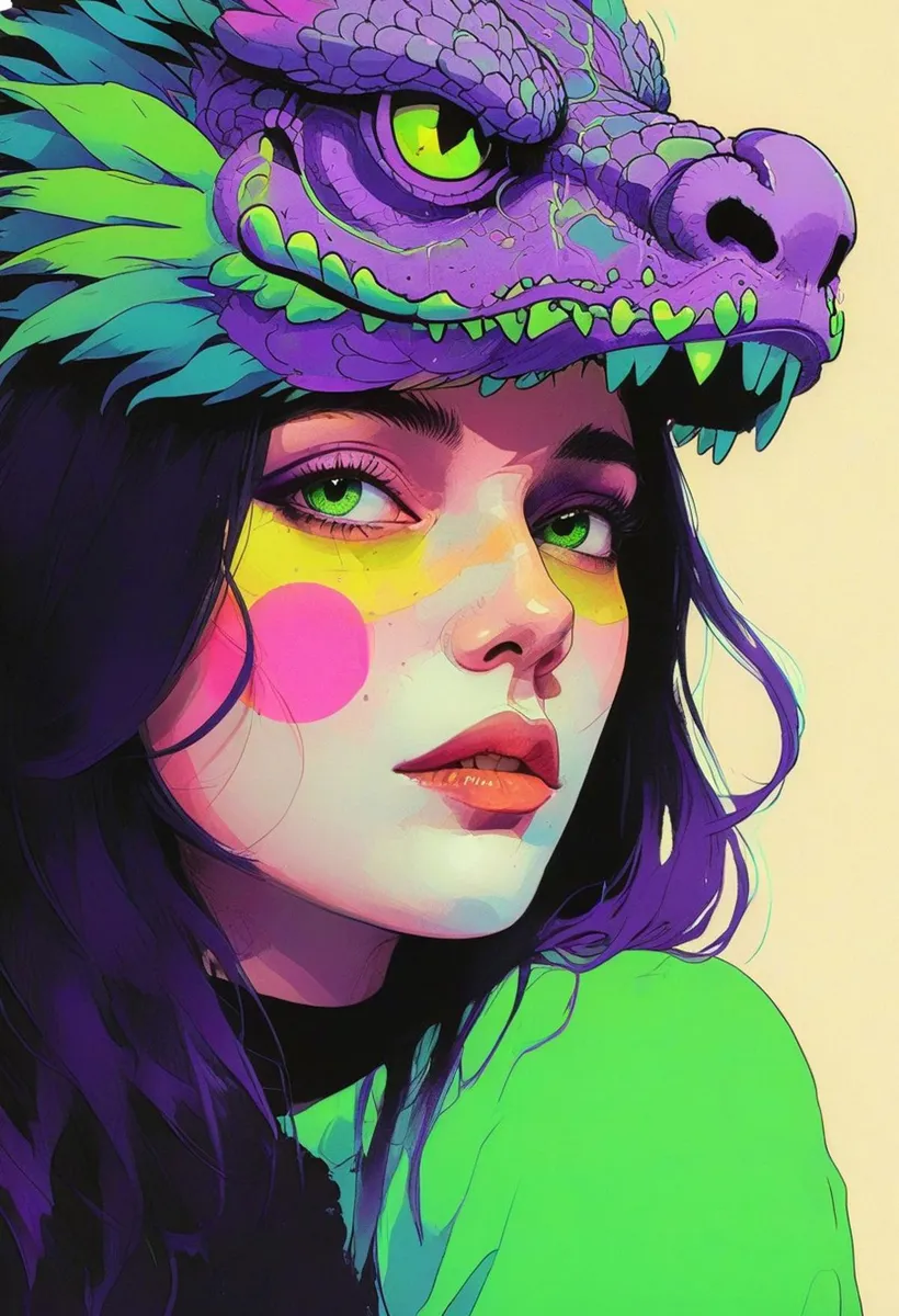 Close-up fantasy portrait of a woman wearing a colorful dragon hat, rendered in vibrant hues using Stable Diffusion AI.