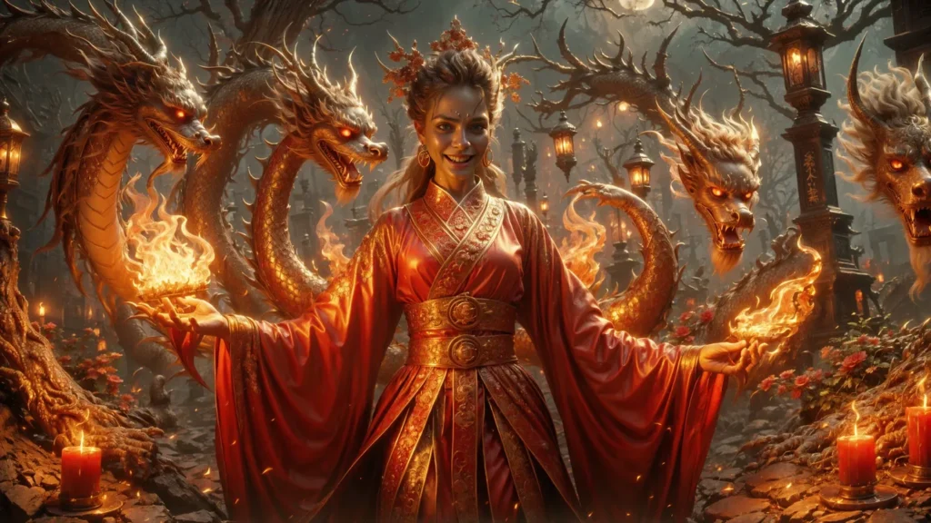 A fantastical scene depicting a woman in ornate red robes standing with two fire-breathing dragons in a mystical forest, an AI generated image using stable diffusion.