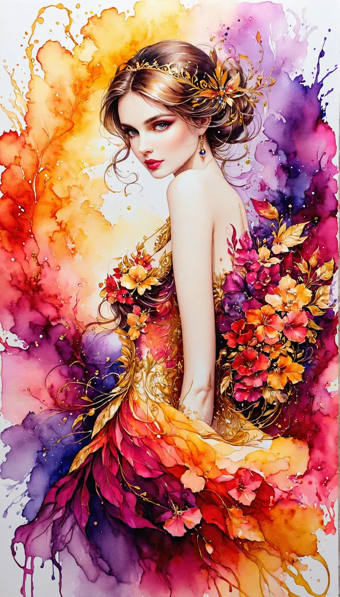 A fantasy-themed AI generated image using stable diffusion, showcasing a woman in an ornate floral dress with a vibrant watercolor background.