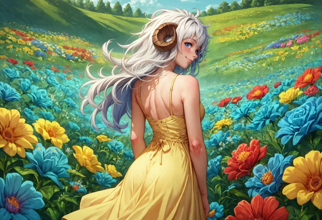Anime-style depiction of a fantasy woman with ram horns and white hair in a vibrant flower field. AI generated image using Stable Diffusion.