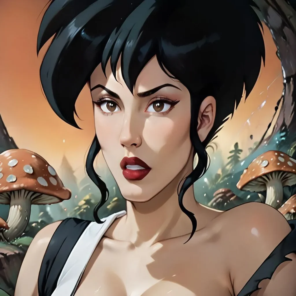 Digital art of a fantasy woman with black hair in a mushroom forest, AI-generated using Stable Diffusion.