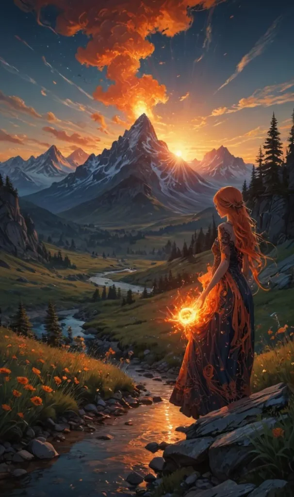 A fantasy landscape featuring a woman with long red hair holding a glowing orb, set against a mountainous sunset backdrop. This is an AI generated image using Stable Diffusion.
