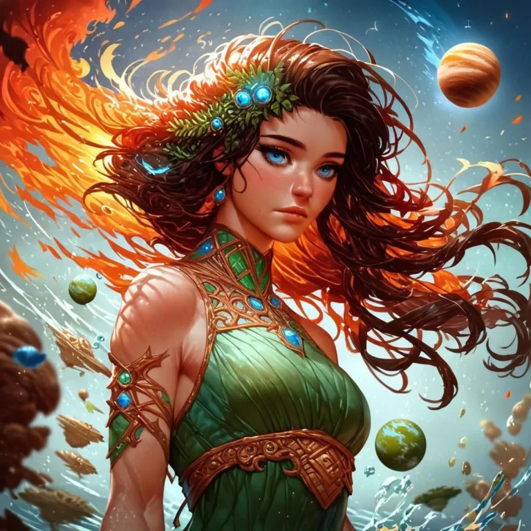 Digital art of a fantasy woman dressed in a green and gold outfit with bright blue eyes and flowing hair surrounded by planets and celestial elements. This is an AI generated image using stable diffusion.