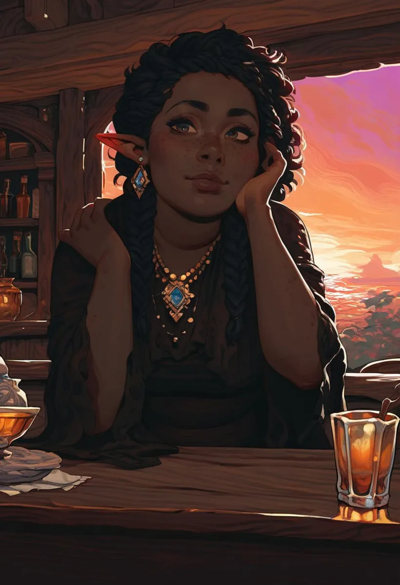 A fantasy-themed AI-generated image using Stable Diffusion depicting a woman with dark braided hair and elf-like ears sitting in a rustic bar at sunset, adorned with blue gemstone jewelry.