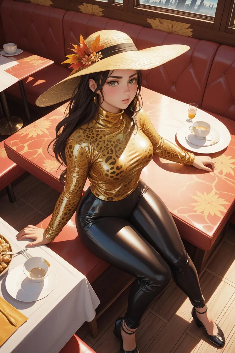 AI generated image using Stable Diffusion of a woman in a fashionable outfit sitting in a cafe, with a hat adorned with autumn leaves and flowers.