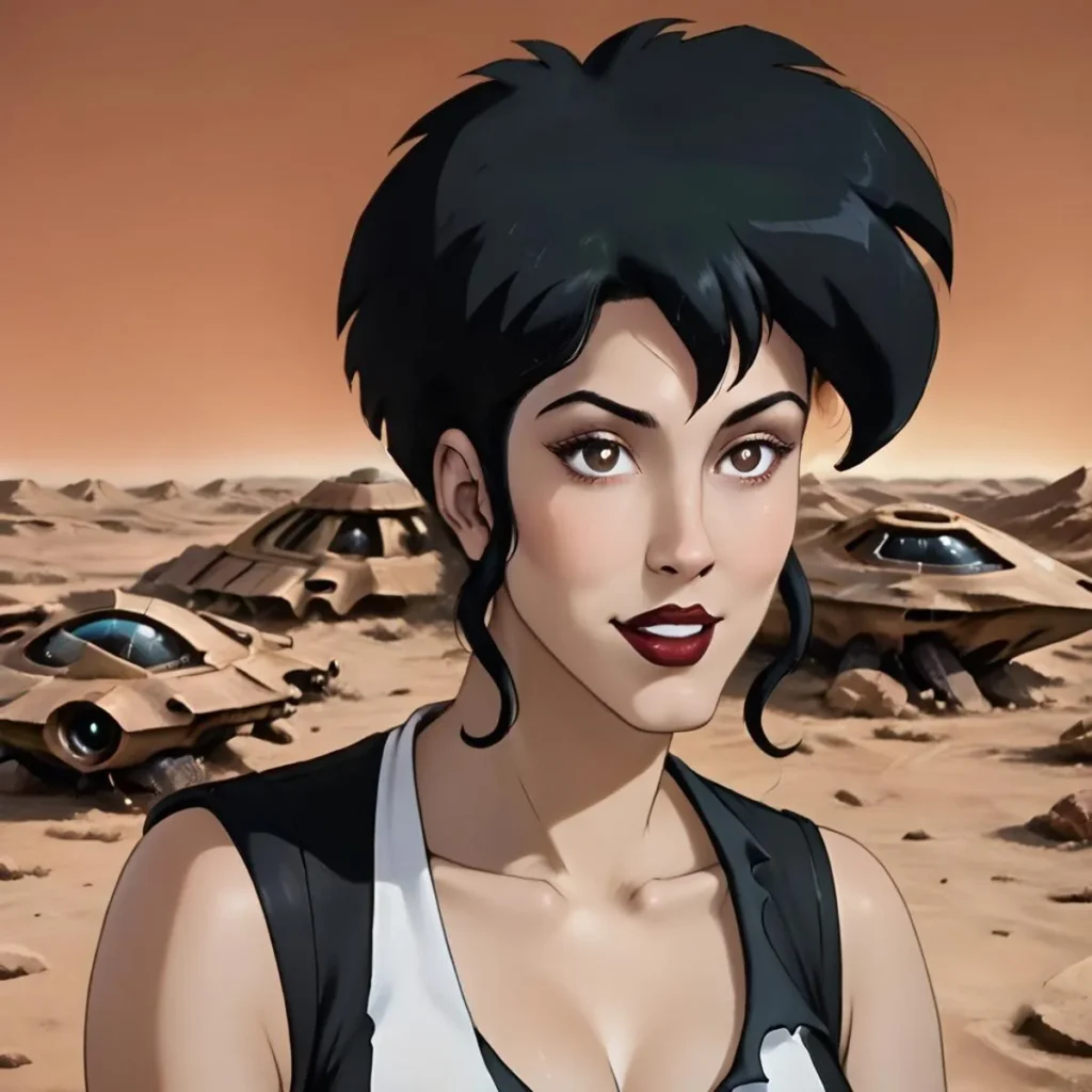 A beautiful female astronaut with short black hair and red lips stands before a desert landscape with a futuristic spacecraft in the background. AI generated image using Stable Diffusion.