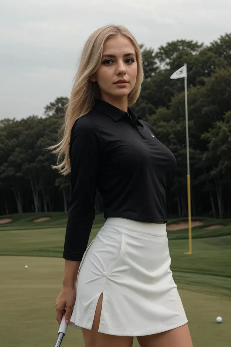 A female golfer with a determined expression, dressed in a black long-sleeve shirt and white skirt, stands on a golf course. This is an AI generated image using Stable Diffusion.