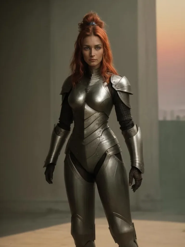 A woman with red hair in detailed medieval-style armor standing confidently, created using Stable Diffusion AI.