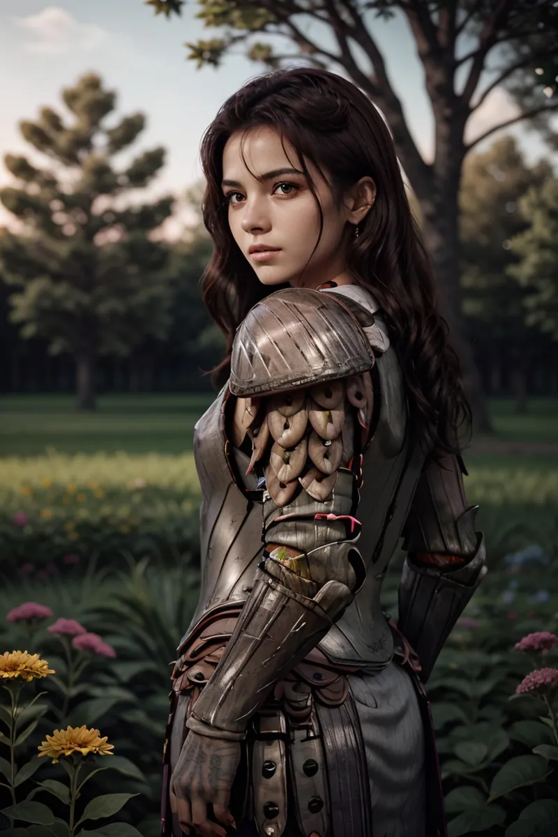A female knight in intricate medieval armor standing in a garden, AI generated using Stable Diffusion.