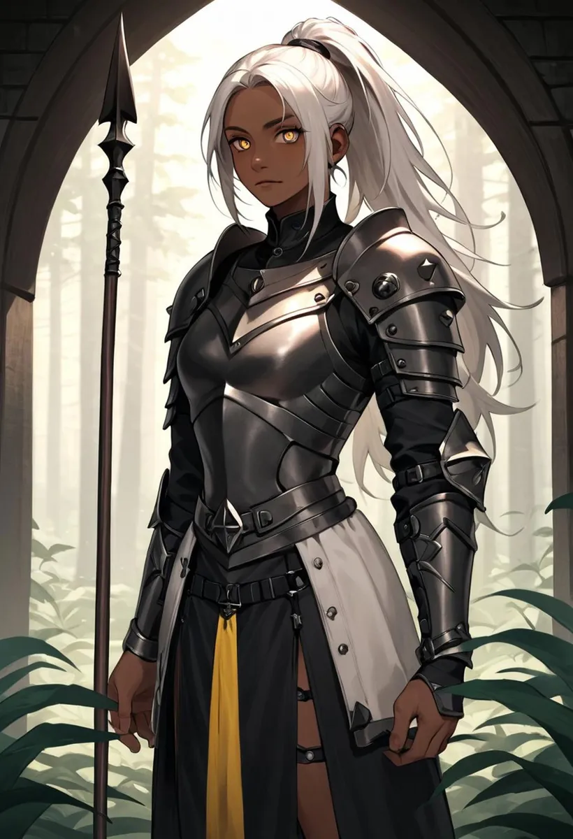 Female warrior with long white hair in intricate dark and silver armor holding a spear, in front of an archway with a forest background. AI generated using Stable Diffusion.