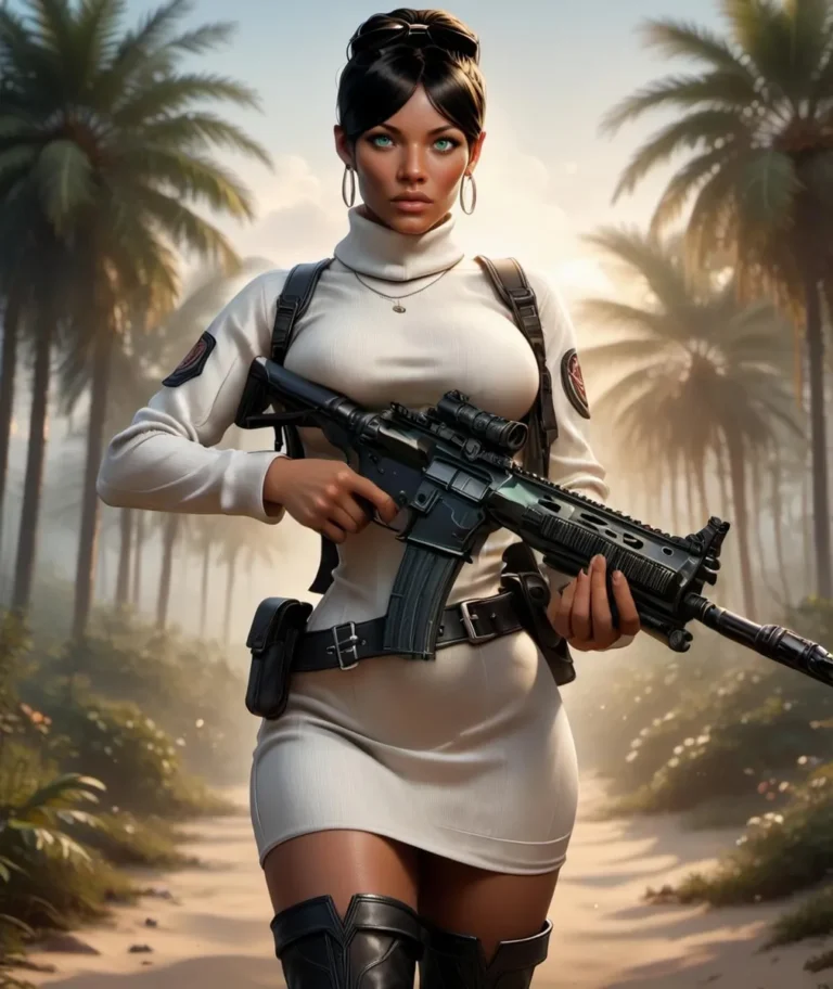 AI generated image of a female soldier holding a rifle in a tropical forest, using stable diffusion.