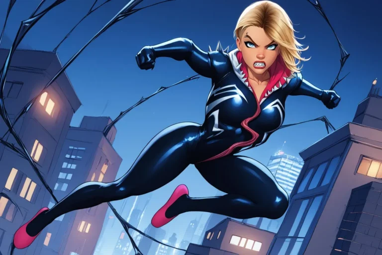 Female superhero in black suit with white and pink details, leaping through cityscape at night, AI-generated image using Stable Diffusion.