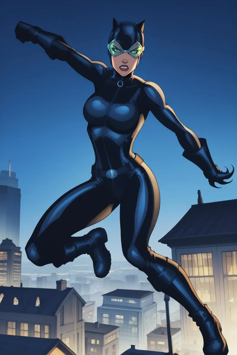 A female superhero in a sleek black cat costume with green goggles leaping over a cityscape at night. AI generated image using Stable Diffusion.