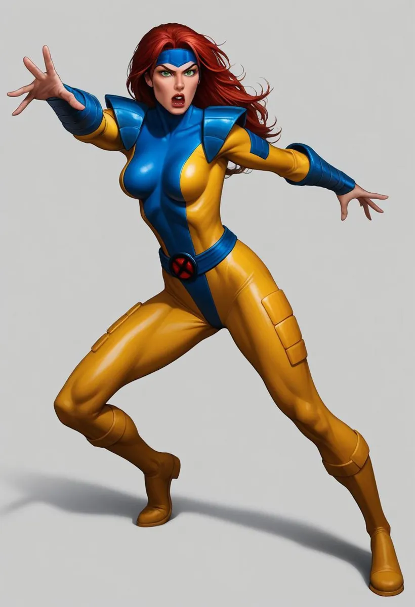 A female superhero in a detailed yellow and blue suit generated using stable diffusion.