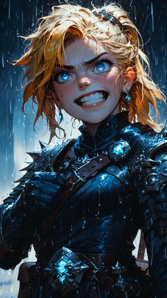Blonde female warrior with glowing blue eyes, wearing dark armor and standing in the rain, generated using Stable Diffusion.