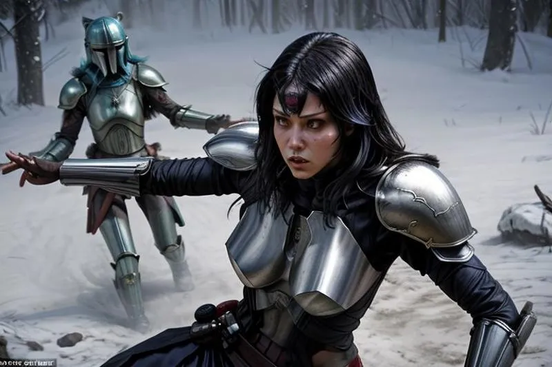A female warrior in metallic combat armor with another warrior in the background, AI generated using Stable Diffusion.
