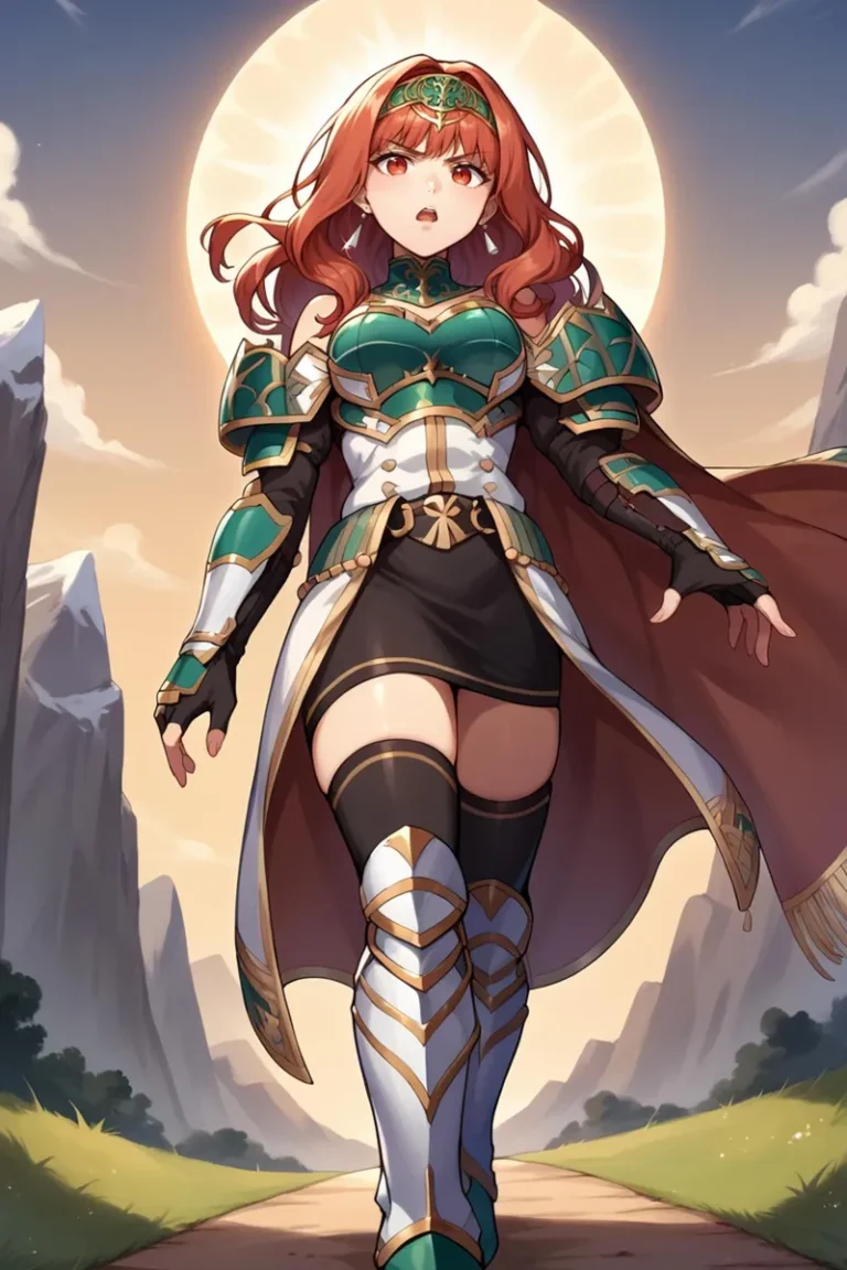 AI generated image of a fantasy female warrior with red hair and a golden circlet, dressed in green and white armor, with a glowing sun in the background, using stable diffusion.