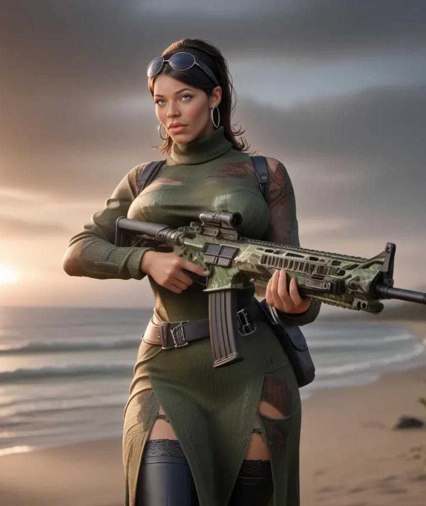 A female warrior standing on a sunset beach holding a rifle, AI generated image using Stable Diffusion.