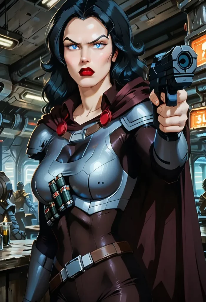 Female warrior in armor holding a gun pointing forward, set in a sci-fi environment with futuristic elements. This is an AI generated image using stable diffusion.