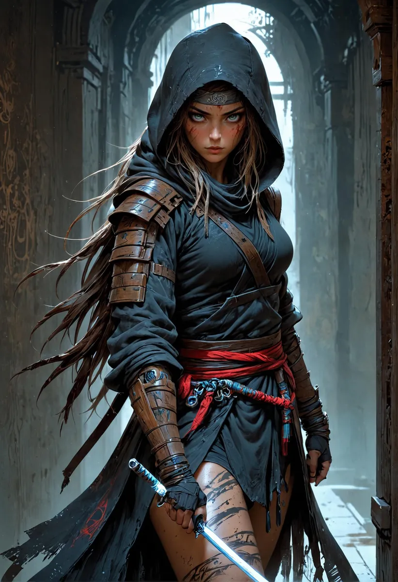 Fantasy-style AI generated image of a female warrior in a hooded cloak with armor and a sword, created using Stable Diffusion.