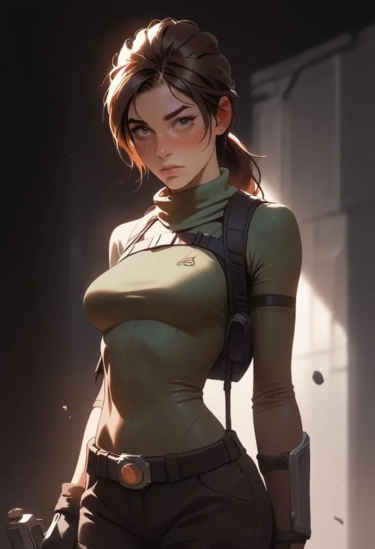 AI generated image, created with stable diffusion, of a determined female adventurer in a green tactical outfit with a ponytail hairstyle.