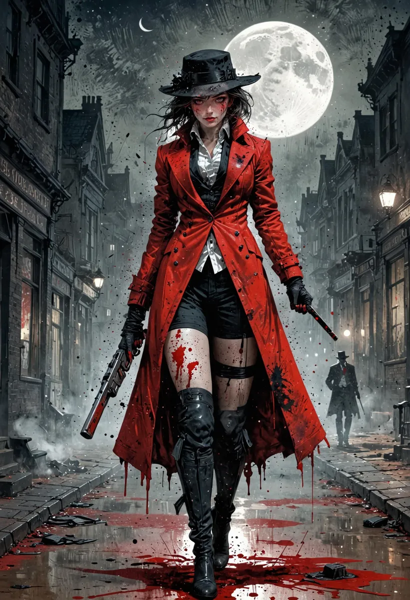 A female assassin in a bloodstained Victorian street at night, generated using stable diffusion AI.