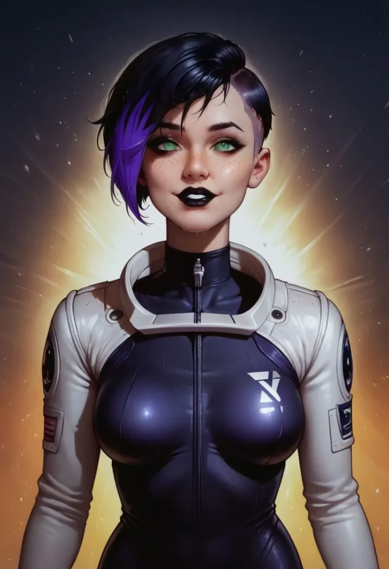 A female astronaut with short purple hair and green eyes in a futuristic spacesuit, AI-generated image using Stable Diffusion.