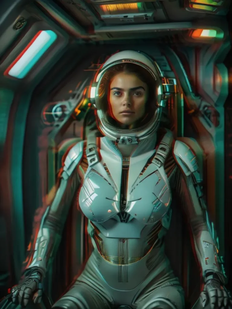 A female astronaut in a highly detailed, futuristic space suit within a spacecraft, generated by an AI using Stable Diffusion.