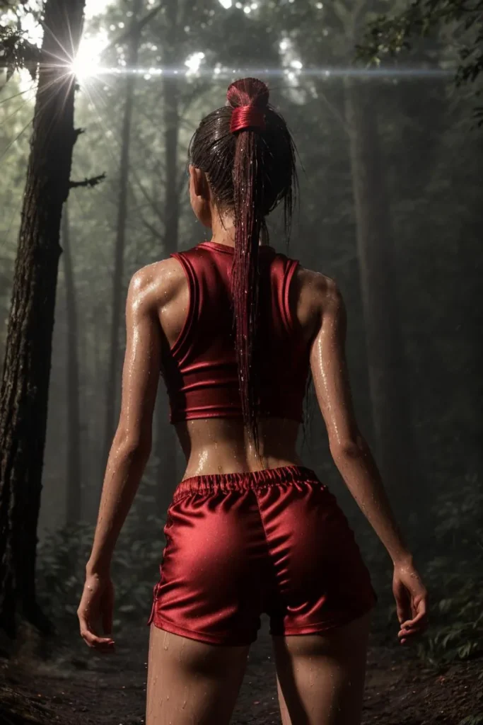 AI generated image using Stable Diffusion of a female athlete in a forest setting, dressed in red sportswear, with sunlight filtering through the trees.