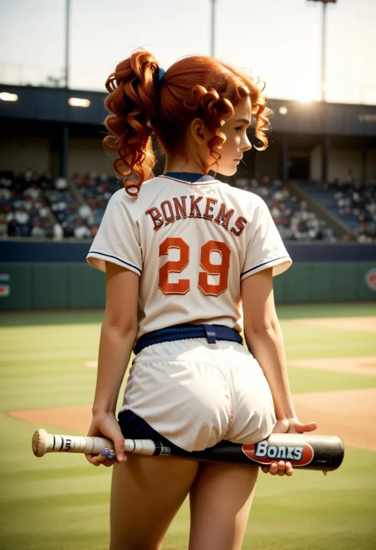 AI-generated image of a female baseball player with orange curly hair in a baseball stadium, seen from behind, wearing a cream-colored jersey with the name 'BONKEMS' and number '29.'