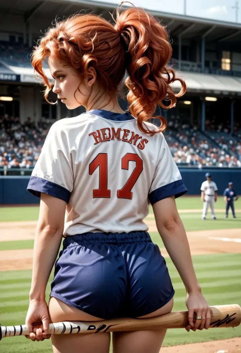 A female baseball player with curly red hair wearing a numbered jersey and holding a bat, created by AI using Stable Diffusion.