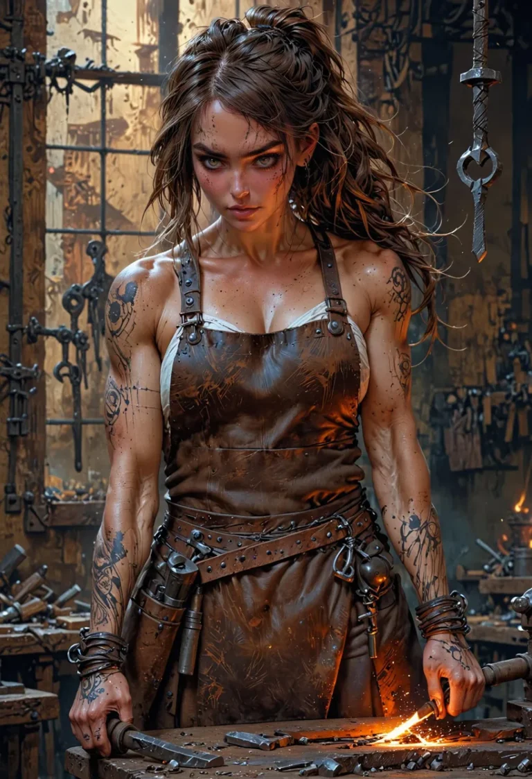 A strong female blacksmith in a steampunk themed workshop with tools and fire, created using stable diffusion.