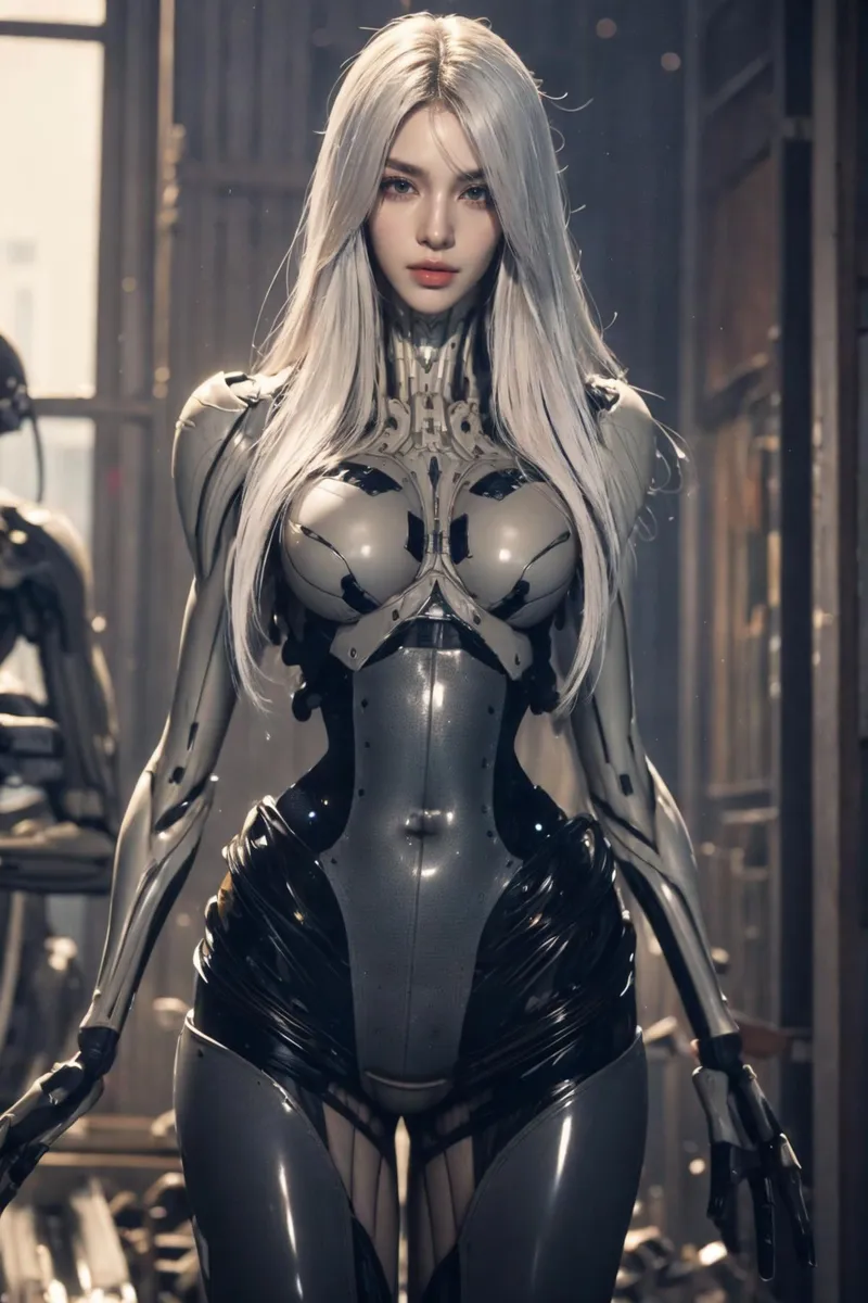 AI generated image using stable diffusion of a futuristic female cyborg with long silver hair in a dimly lit, industrial setting.