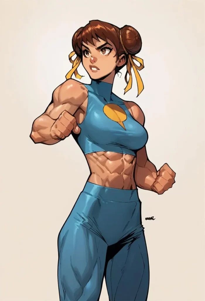 muscular woman dressed in a blue outfit with yellow ribbons in her hair, AI generated using Stable Diffusion.