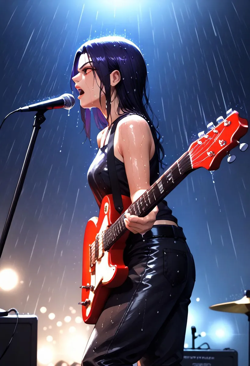 Anime style illustration of a female guitarist performing at a rock concert in the rain. The image is AI generated using Stable Diffusion.