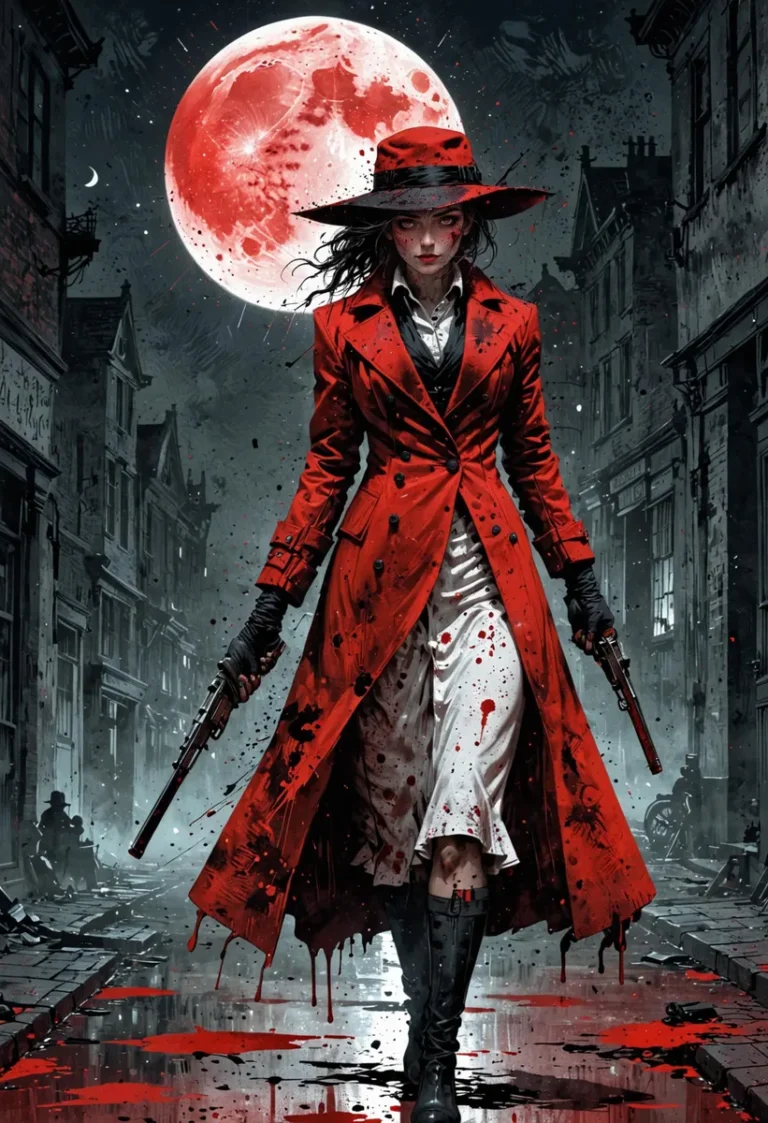 AI-generated image of a female gunslinger in a red trench coat, holding guns, walking on a moonlit street, created using Stable Diffusion.