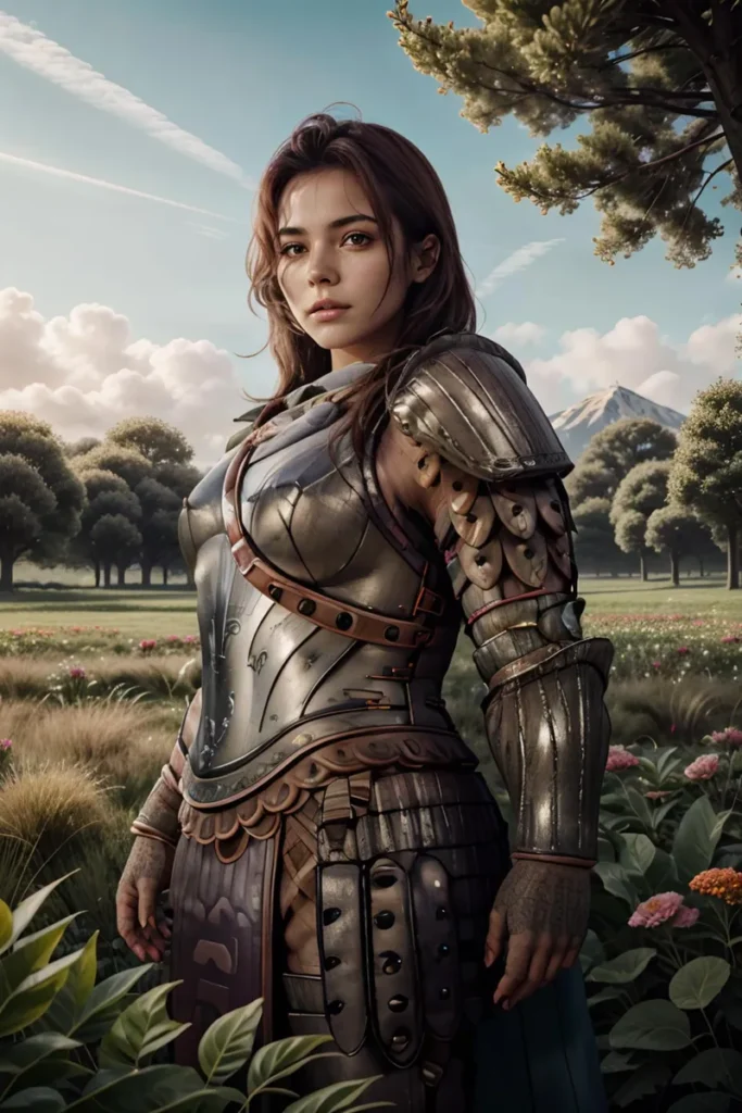 A female knight dressed in intricately designed armor, standing in a lush meadow with blooming flowers. AI generated using Stable Diffusion.