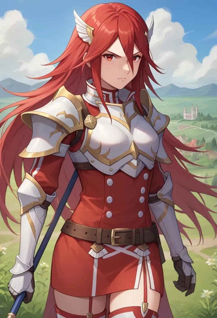 A powerful anime-style female knight with red hair and white armor, created using ai and stable diffusion.