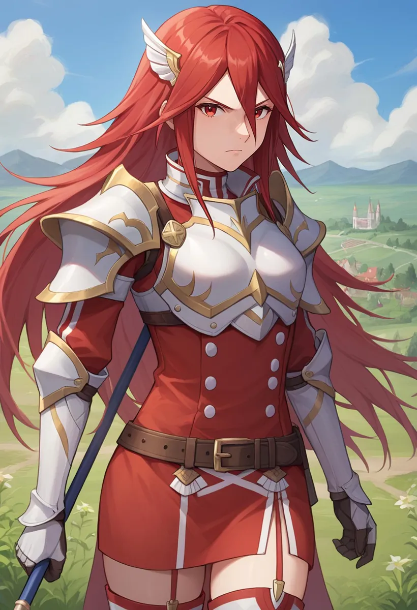 A powerful anime-style female knight with red hair and white armor, created using AI and Stable Diffusion.