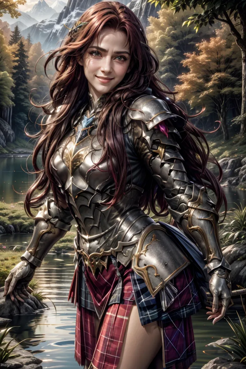 AI generated image of a young woman with long red hair wearing ornate fantasy armor and plaid skirt, standing by a serene lake with a forest and mountains in the background.