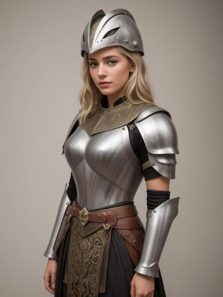 A female knight in detailed medieval armor, AI generated using Stable Diffusion.